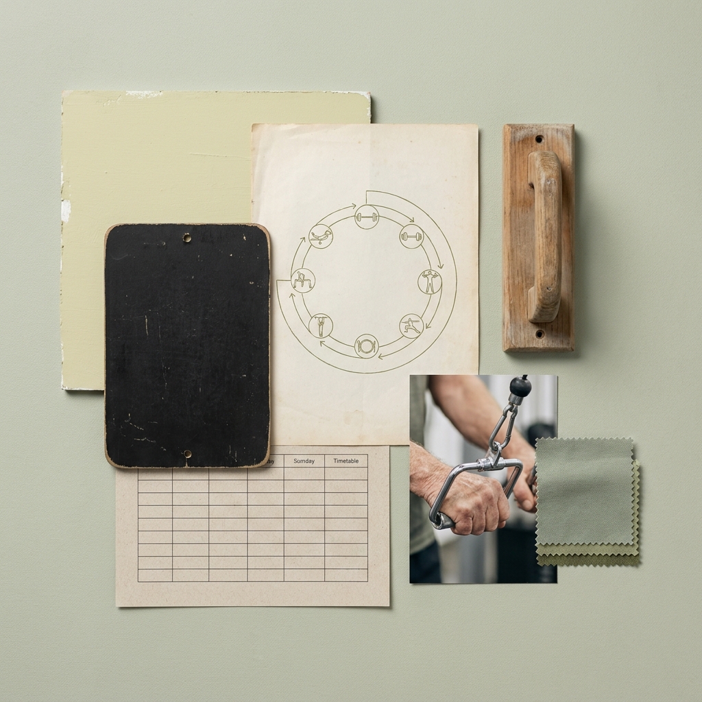Moodboard: gedämpfte Gelbgrün-Neutraltöne, Strichzeichnung, Tageslicht